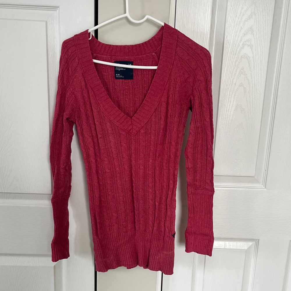 American Eagle Outfitters Deep Pink V-Neck Sweater